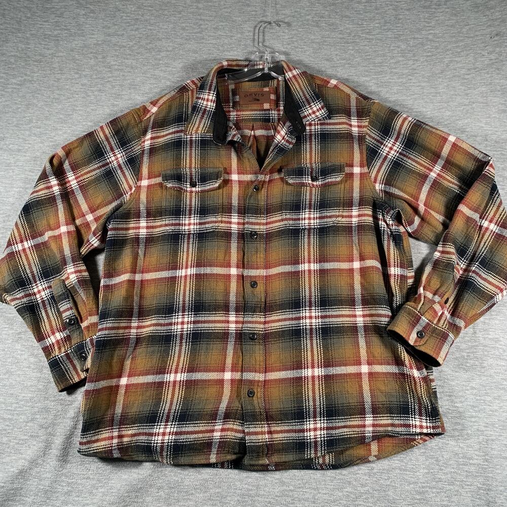 Orvis Shirt Mens 2XL Brown Plaid Flannel Long Sleeve Button Front Casual